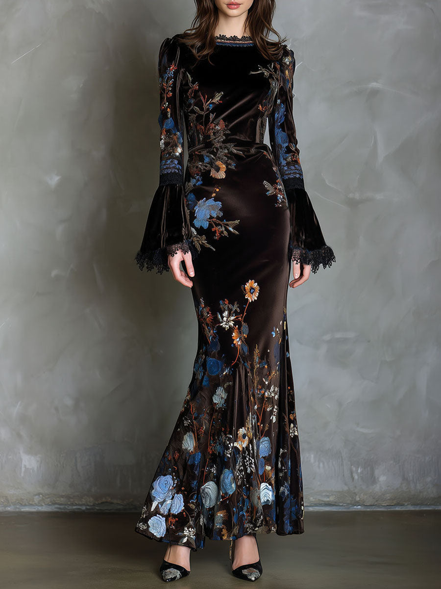 Vestido Maxi Marrón Terciopelo Floral Encaje