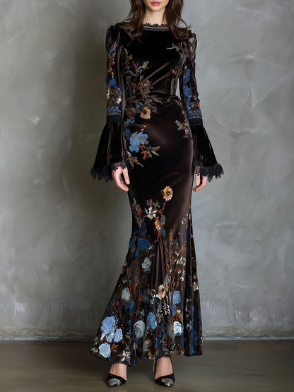 Vestido Maxi Marrón Terciopelo Floral Encaje
