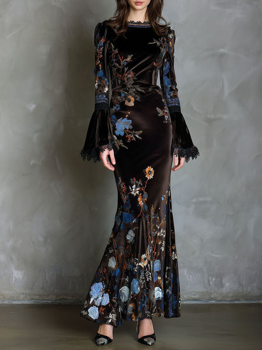 Vestido Maxi Marrón Terciopelo Floral Encaje