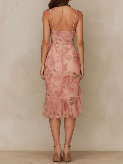 Vestido Midi Rosa Empolvado Floral Fruncido Volante