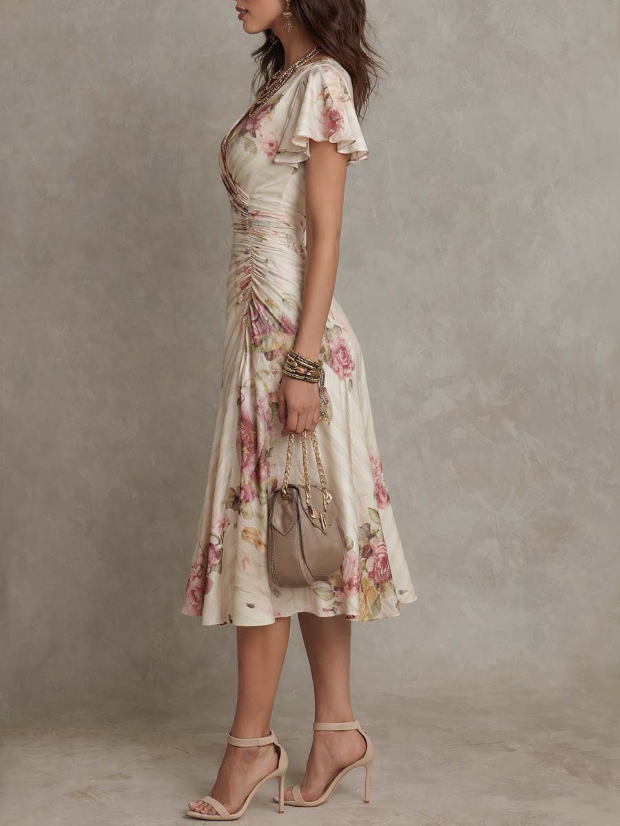 Vestido Midi Marfil Floral Chiffon Cruzado