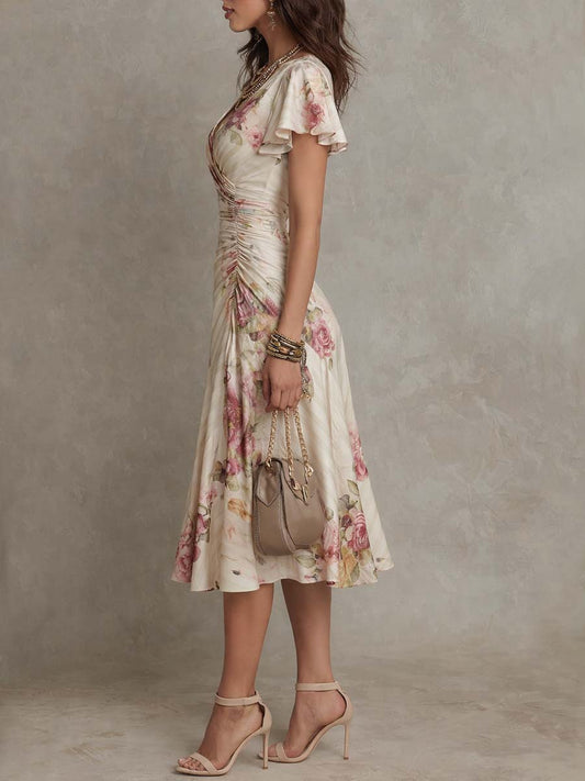 Vestido Midi Marfil Floral Chiffon Cruzado