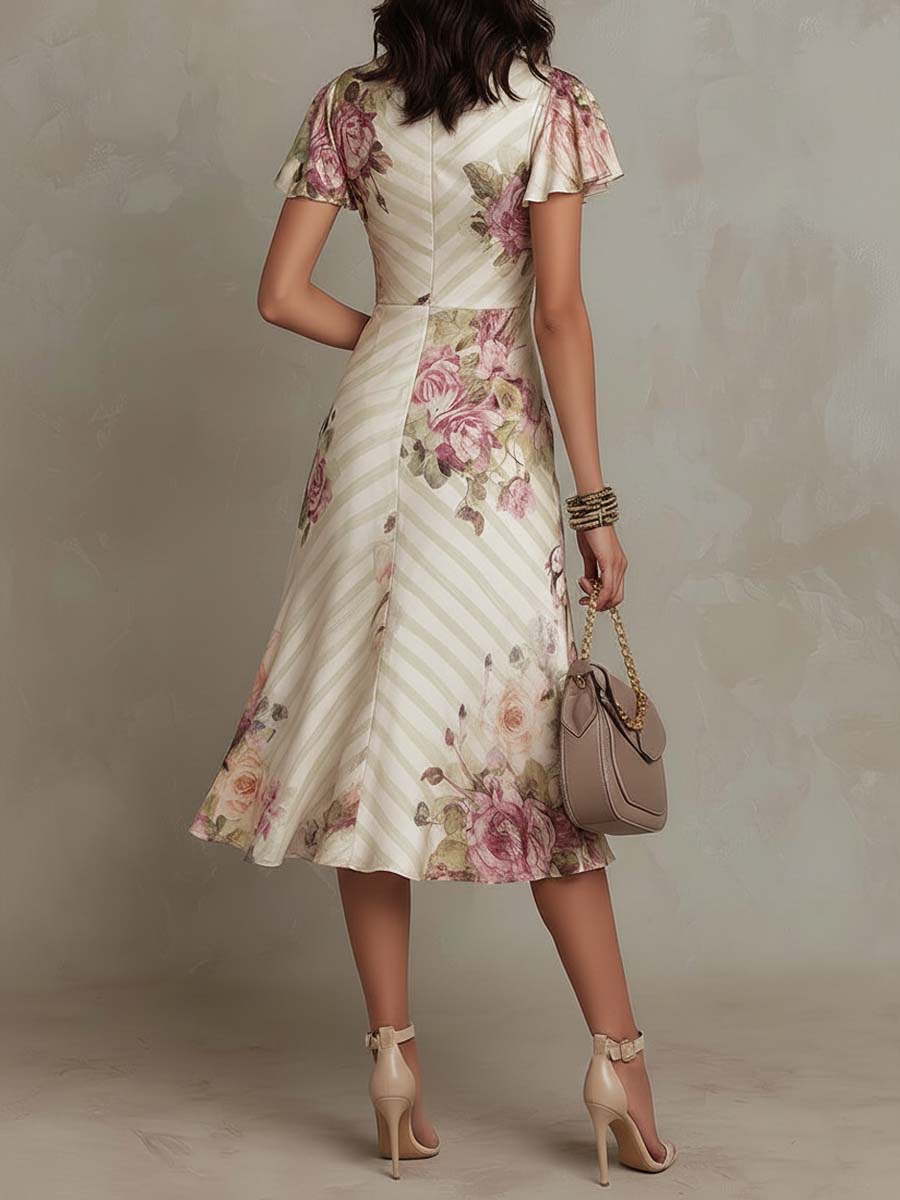 Vestido Midi Marfil Floral Chiffon Cruzado