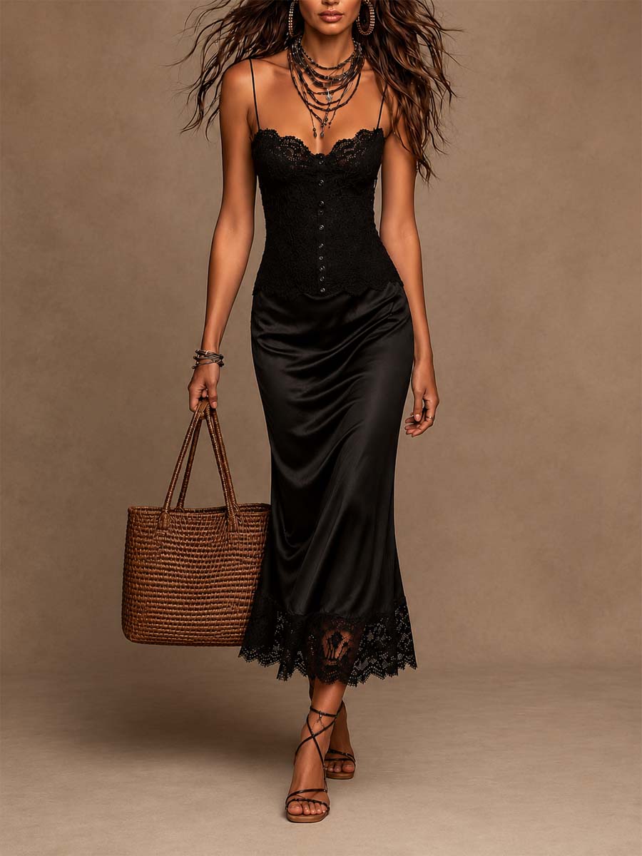 Vestido Midi Negro Cami Encaje Satén Vintage