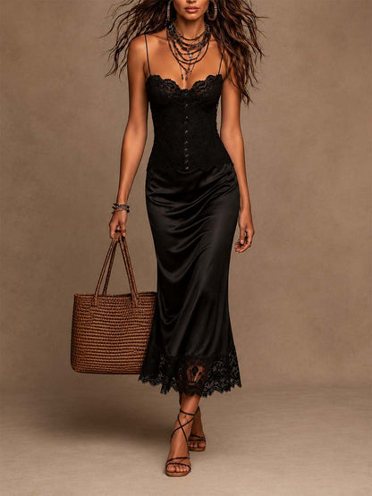 Vestido Midi Negro Cami Encaje Satén Vintage
