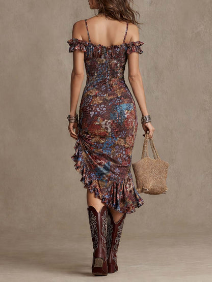 Vestido Midi Boho Rojo Teja Floral Volantes