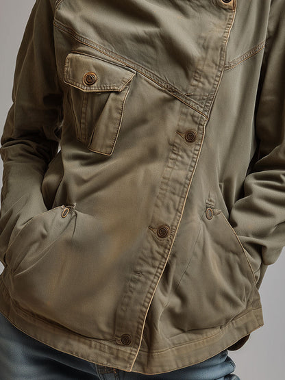 Chaqueta Verde Militar Cuello Mao Cremallera Diagonal
