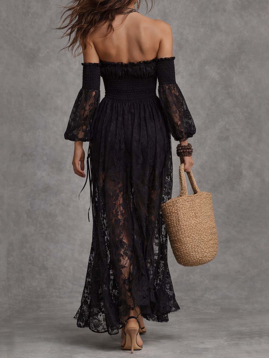 Vestido Maxi Negro Encaje Hombros Descubiertos Fruncido