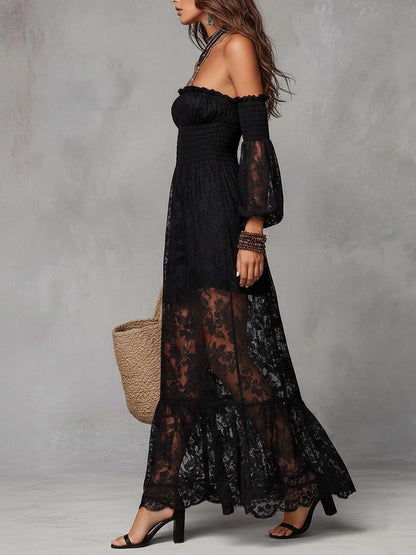 Vestido Maxi Negro Encaje Hombros Descubiertos Fruncido