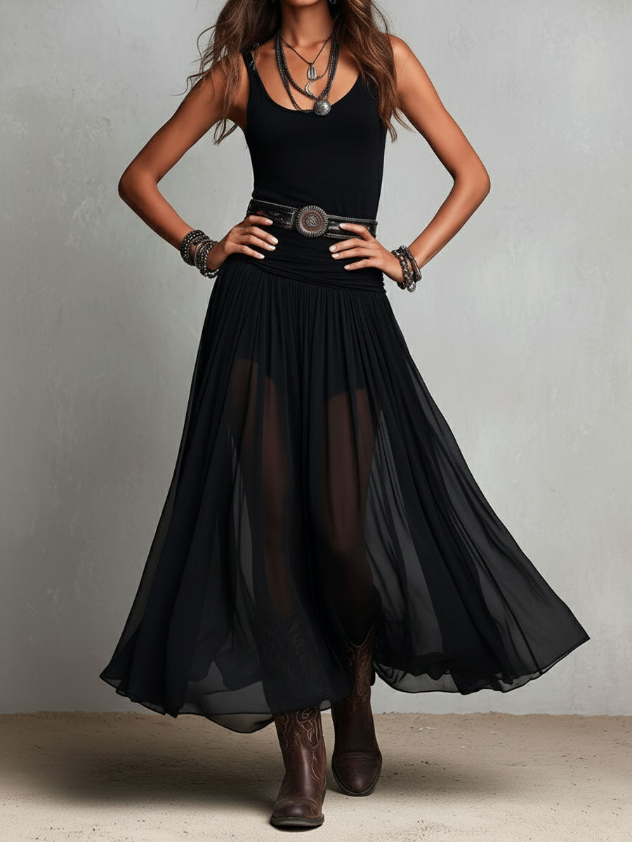 Vestido Maxi Negro Boho Western Falda Semitransparente