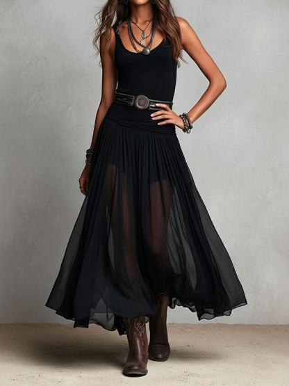 Vestido Maxi Negro Boho Western Falda Semitransparente