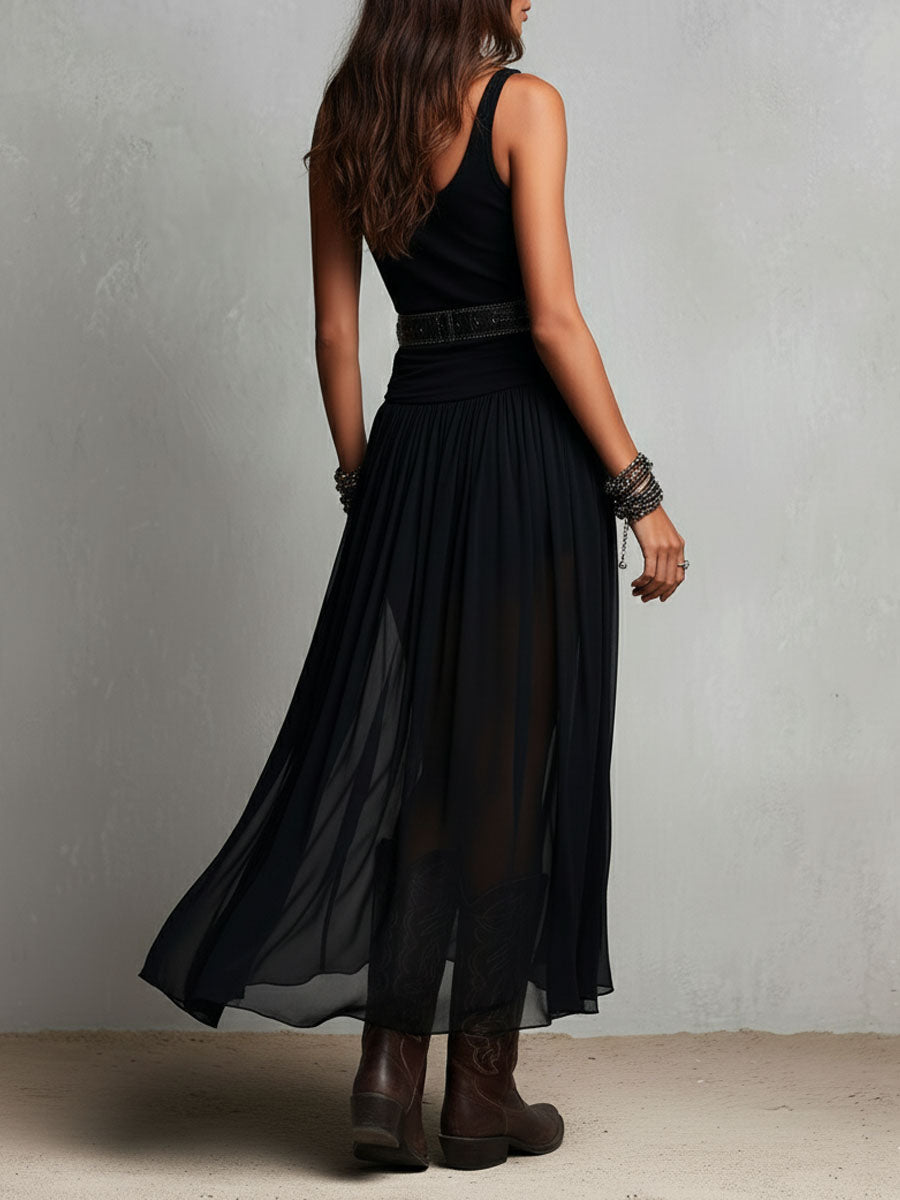 Vestido Maxi Negro Boho Western Falda Semitransparente