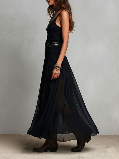 Vestido Maxi Negro Boho Western Falda Semitransparente