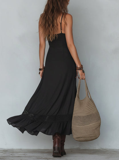 Vestido Maxi Negro Tencel Encaje Bajo Asimétrico