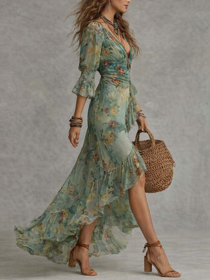 Vestido Maxi Verde Salvia Floral Cruzado