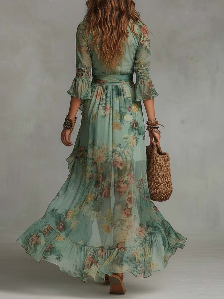 Vestido Maxi Verde Salvia Floral Cruzado