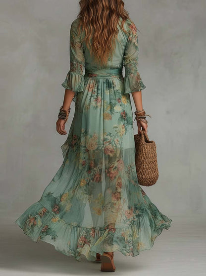 Vestido Maxi Verde Salvia Floral Cruzado