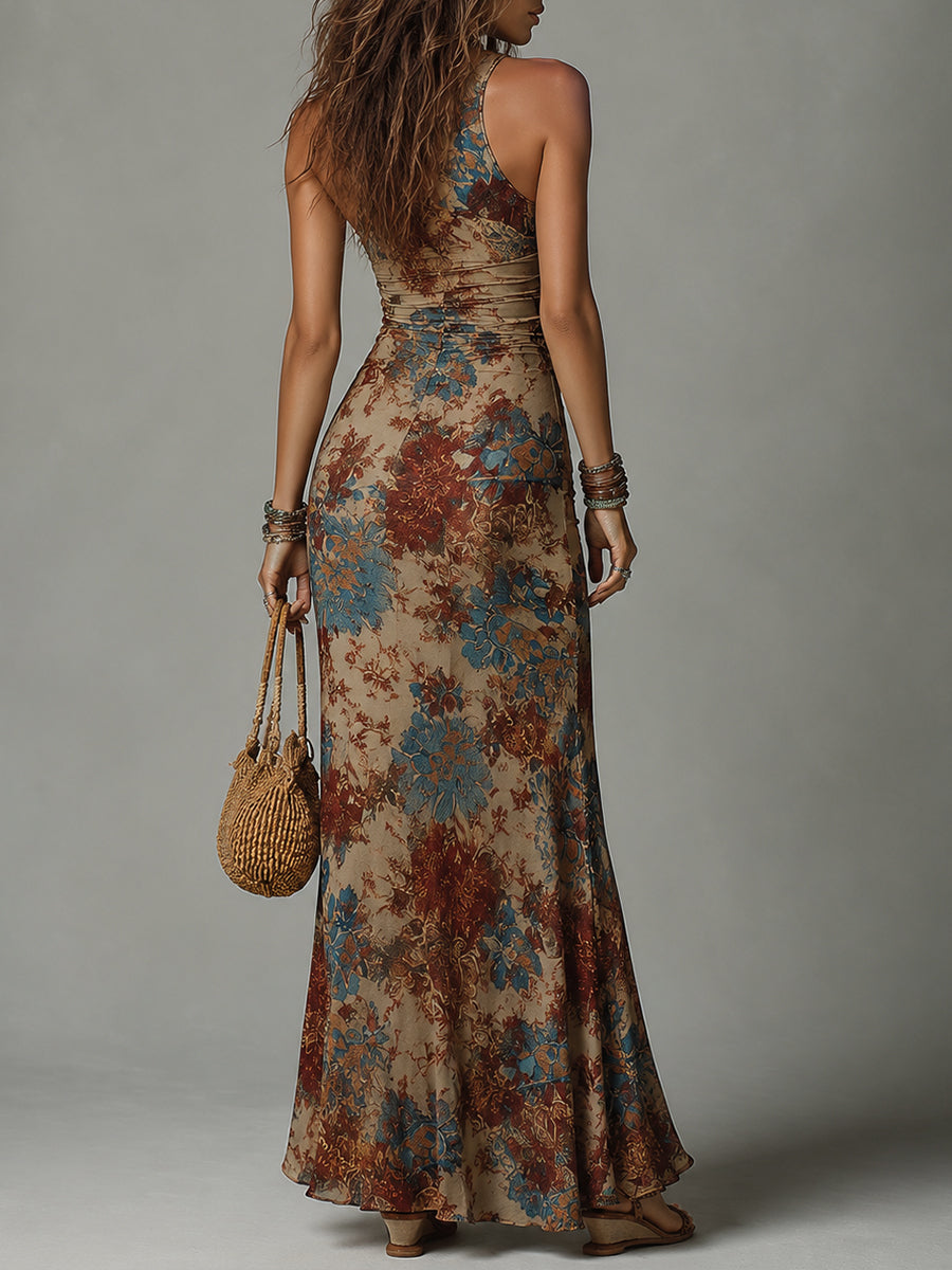 Vestido Maxi Marrón Étnico Sin Mangas Abertura