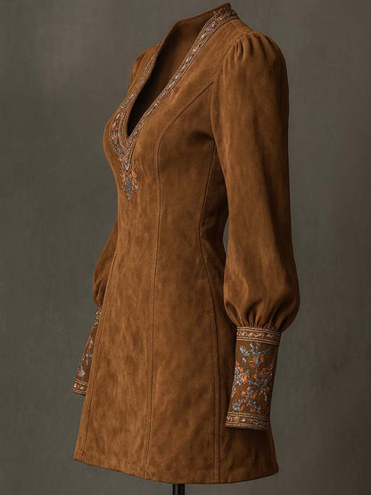 Vestido Mini Ante Caramelo Bordado Mangas Largas
