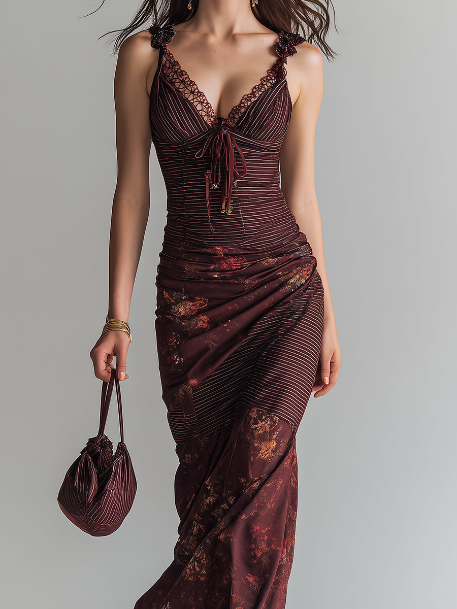 Vestido Maxi Granate Rayas Floral Tirantes