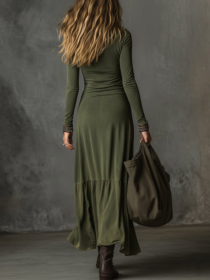Vestido Midi Verde Boho Algodón Cremallera Abertura