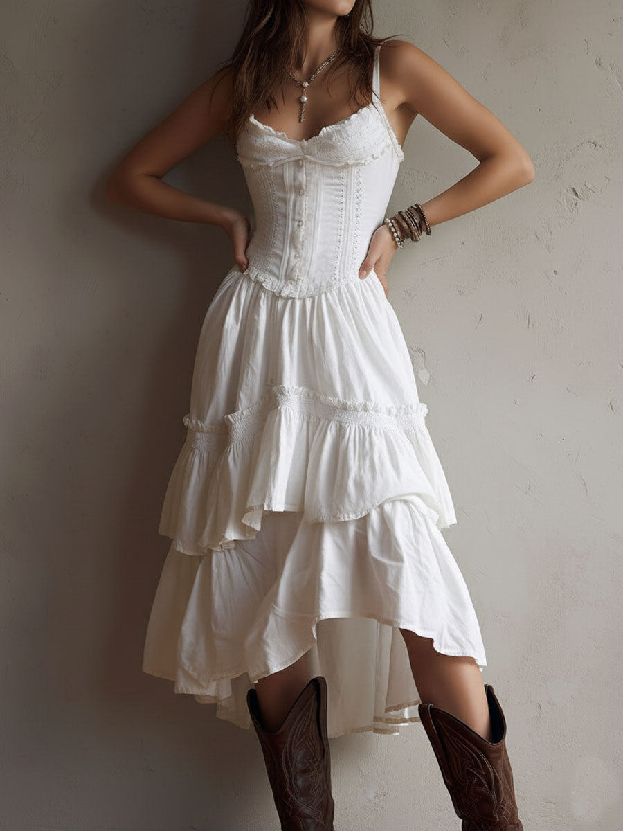 Vestido Midi Boho Corsé Blanco Volantes Encaje