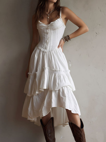 Vestido Midi Boho Corsé Blanco Volantes Encaje