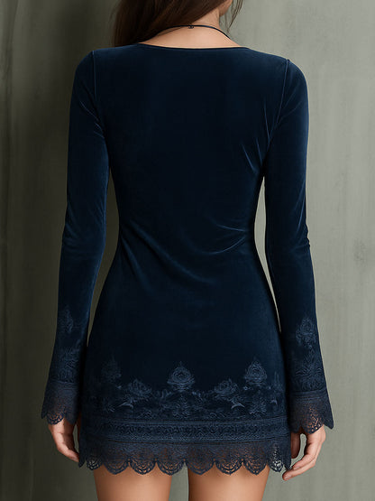 Vestido Mini Terciopelo Azul Medianoche Bordado Encaje