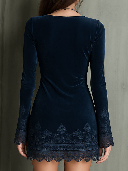 Vestido Mini Terciopelo Azul Medianoche Bordado Encaje