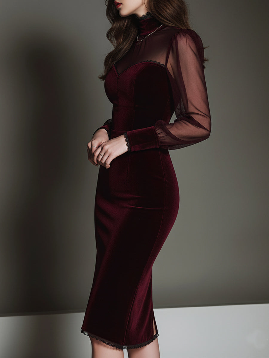 Vestido Midi Granate Malla Terciopelo Escote Corazón