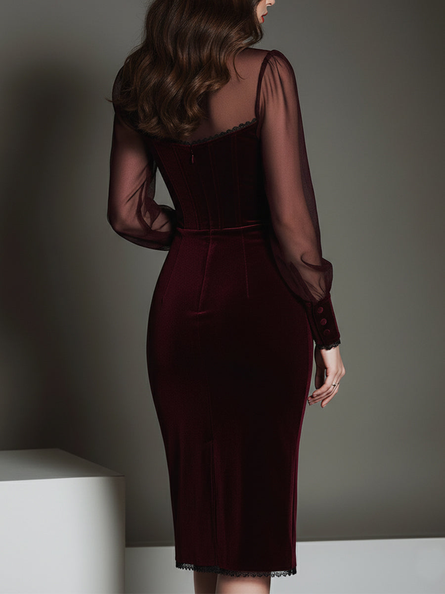 Vestido Midi Granate Malla Terciopelo Escote Corazón