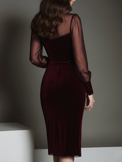 Vestido Midi Granate Malla Terciopelo Escote Corazón