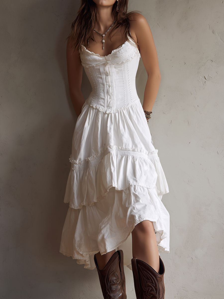 Vestido Midi Boho Corsé Blanco Volantes Encaje
