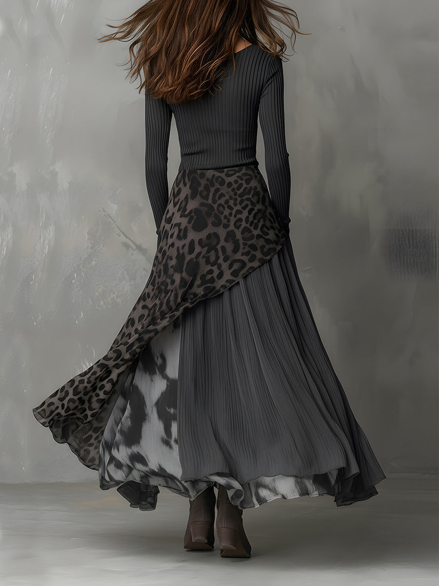 Vestido Maxi Gris Boho Rayas Leopardo Asimétrico