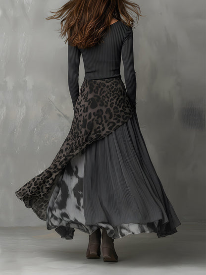 Vestido Maxi Gris Boho Rayas Leopardo Asimétrico