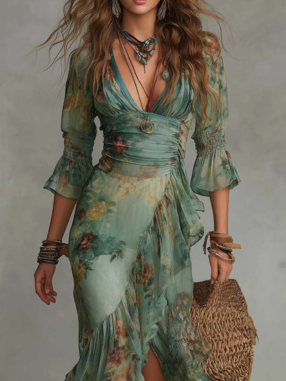 Vestido Maxi Verde Salvia Floral Cruzado