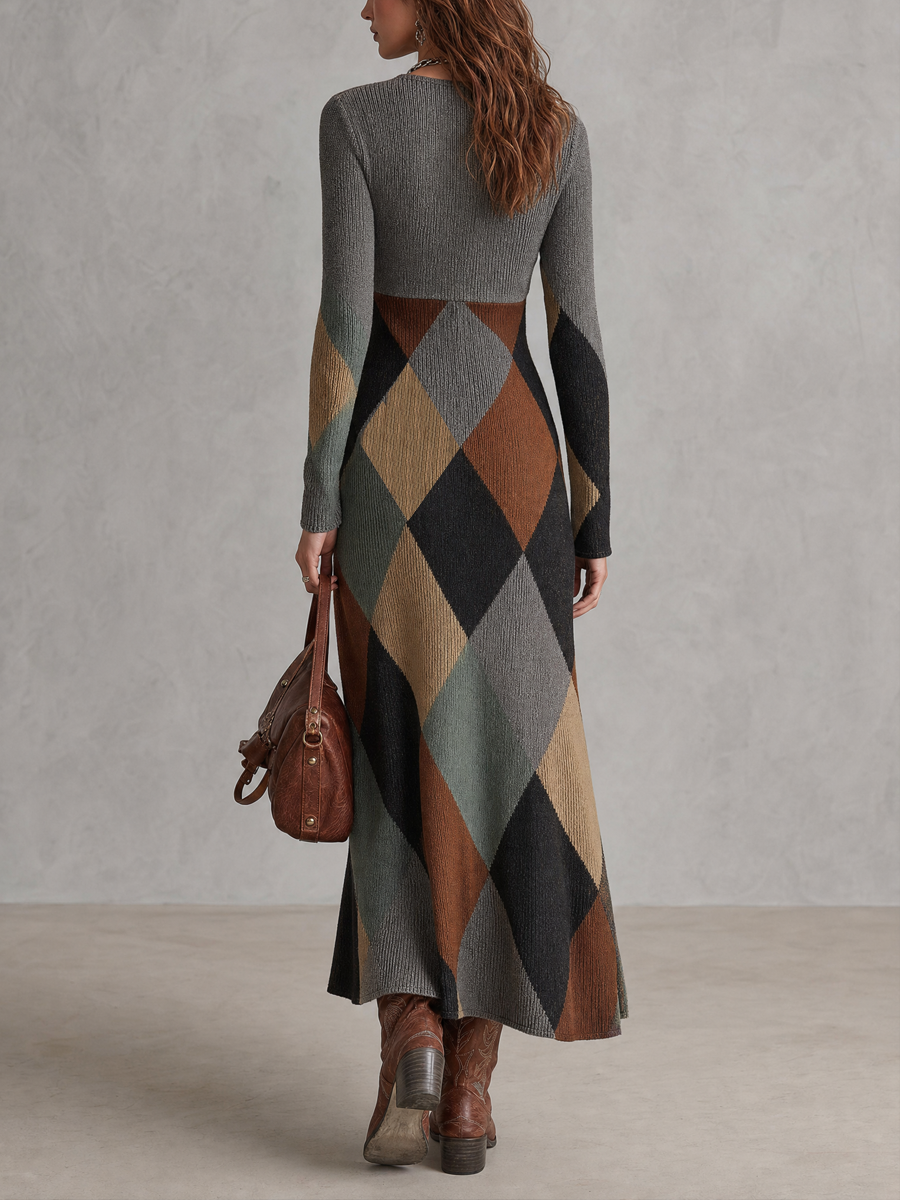 Vestido Midi Gris Punto Rombos Retro