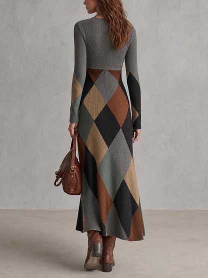 Vestido Midi Gris Punto Rombos Retro