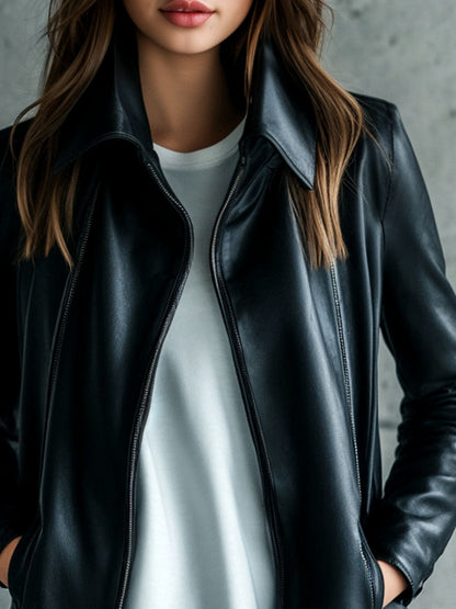 Chaqueta Piel Negra Solapa Sencilla