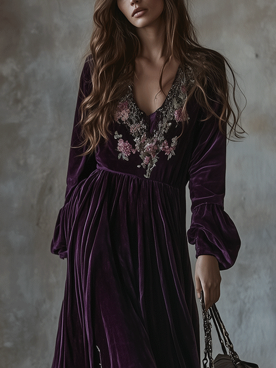 Vestido Maxi Morado Terciopelo Bordado Floral