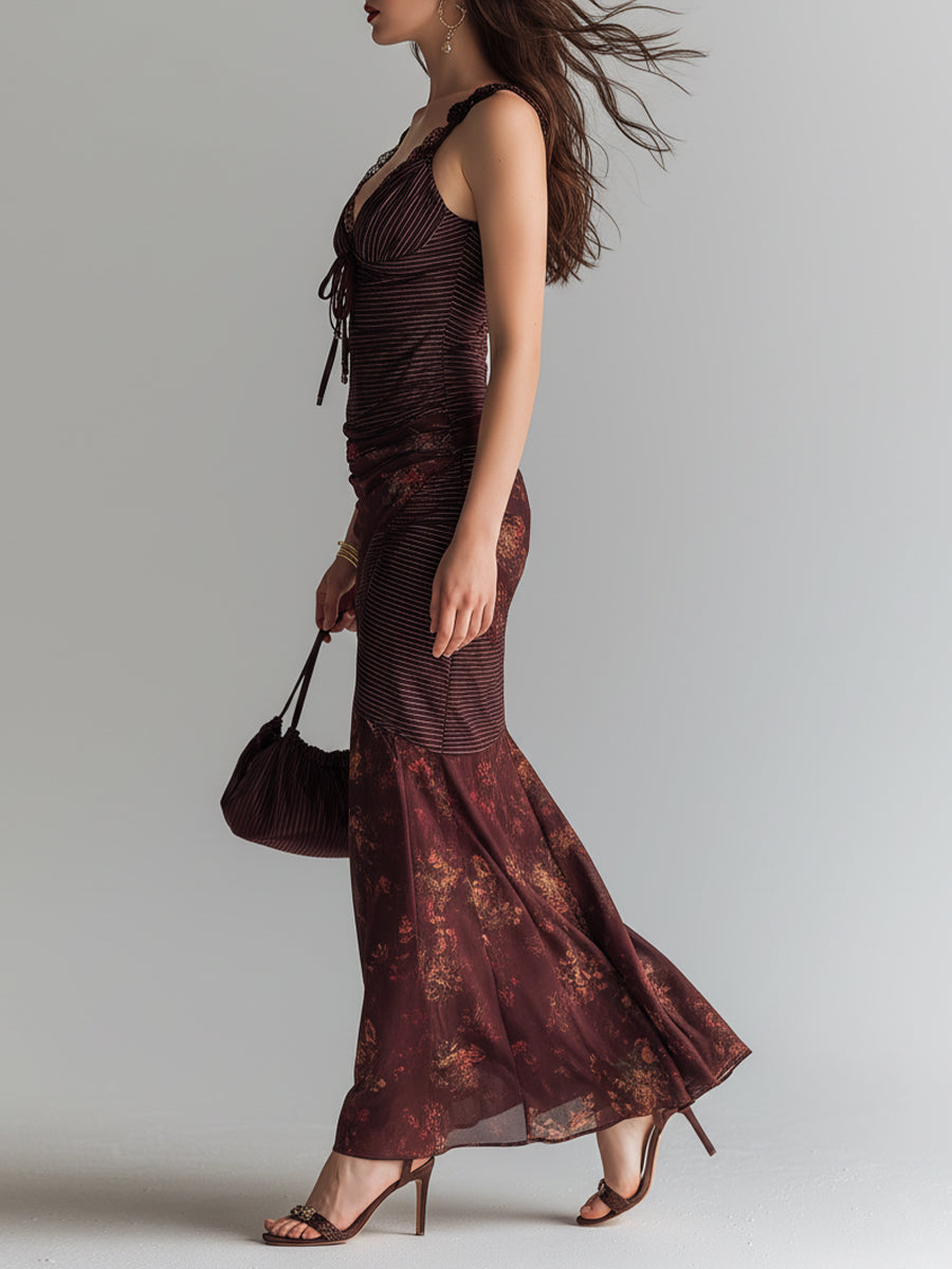 Vestido Maxi Granate Rayas Floral Tirantes