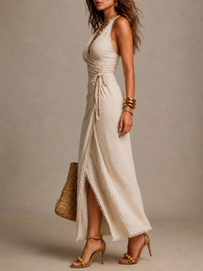 Vestido Midi Lino Crudo Cruzado Encaje