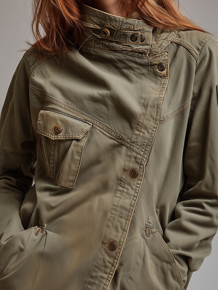 Chaqueta Verde Militar Cuello Mao Cremallera Diagonal