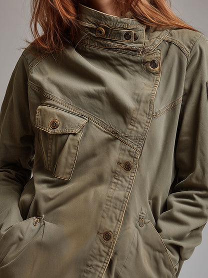Chaqueta Verde Militar Cuello Mao Cremallera Diagonal