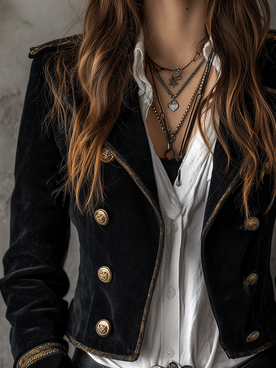 Blazer Terciopelo Negro Militar Botones Dorados