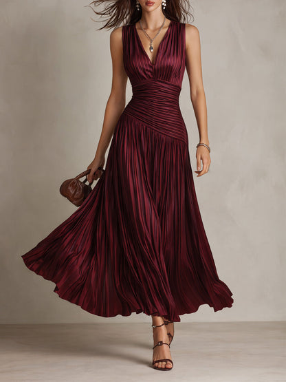 Vestido Maxi Granate Rayas Satén Plisado