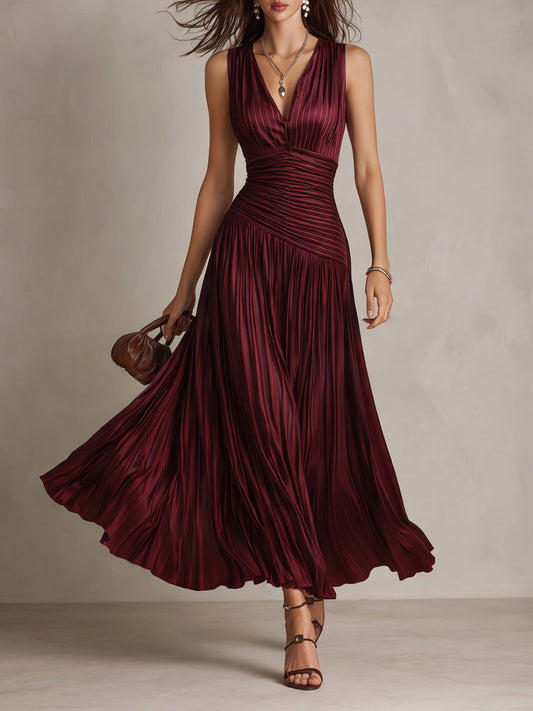 Vestido Maxi Granate Rayas Satén Plisado