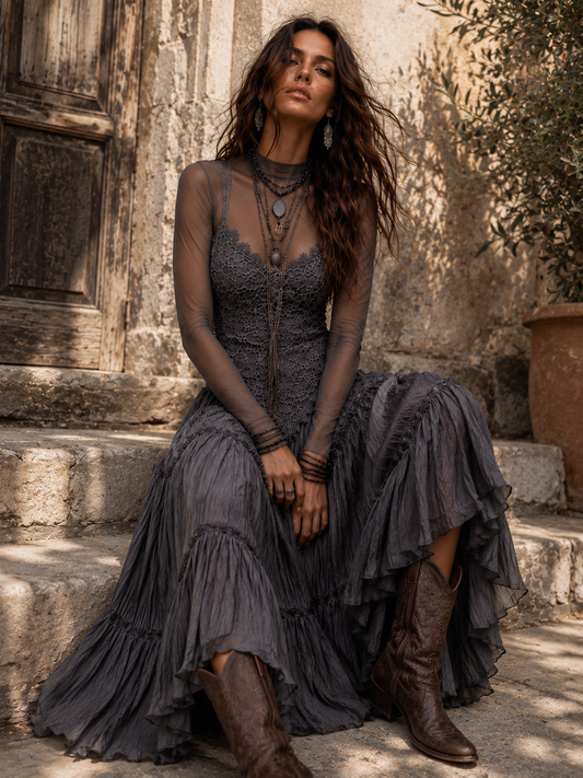 Vestido Maxi Gris Oscuro Encaje Capas Crinkle