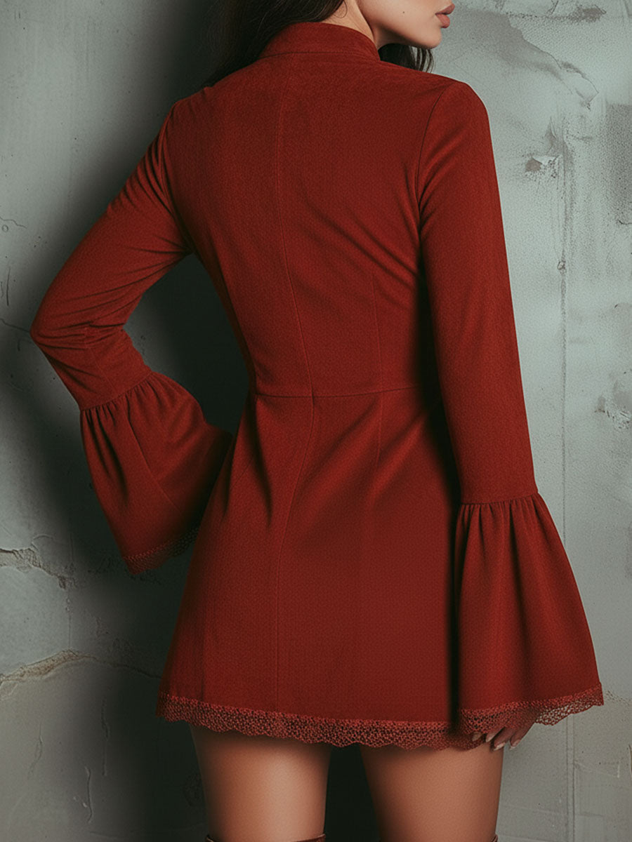 Vestido Mini Rojo Teja Ante Bordado Mangas Campana