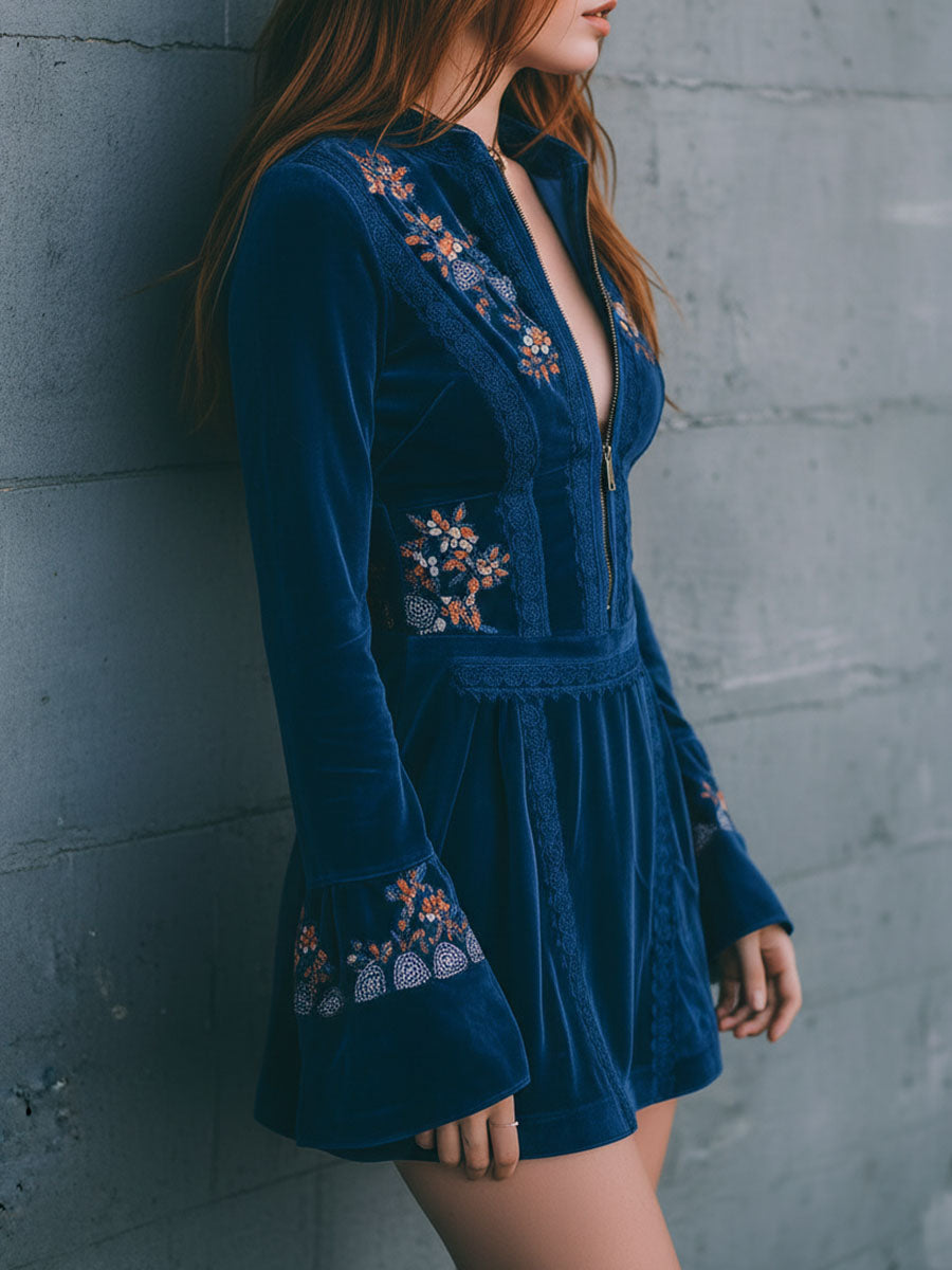 Vestido Mini Terciopelo Azul Bordado Cremallera